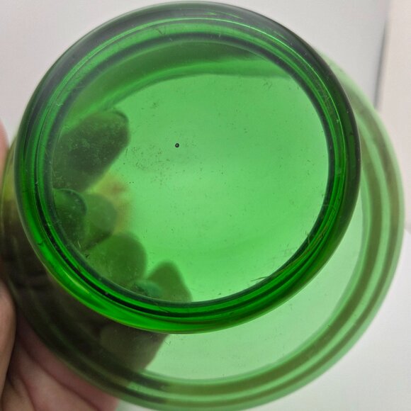 Vintage Bohemian Green Glass Lidded Candy Dish With Gold Stripes Mid Century - Picture 5 of 16